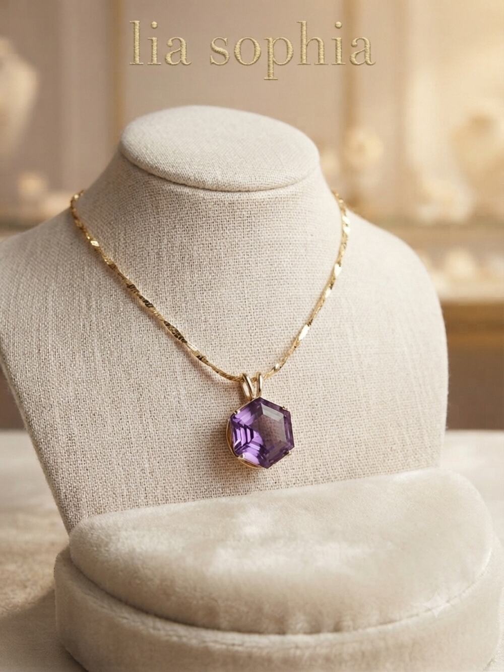 Vintage Lia Sophia Hexagonal Purple Stone Gold-Tone Pendant Necklace